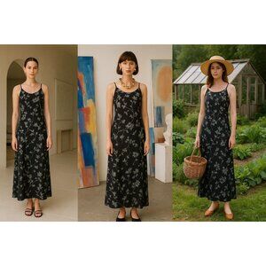 VTG Ballinger Gold Black Women Silk Maxi Dress L Y2K Boho Quiet Luxury Floral
